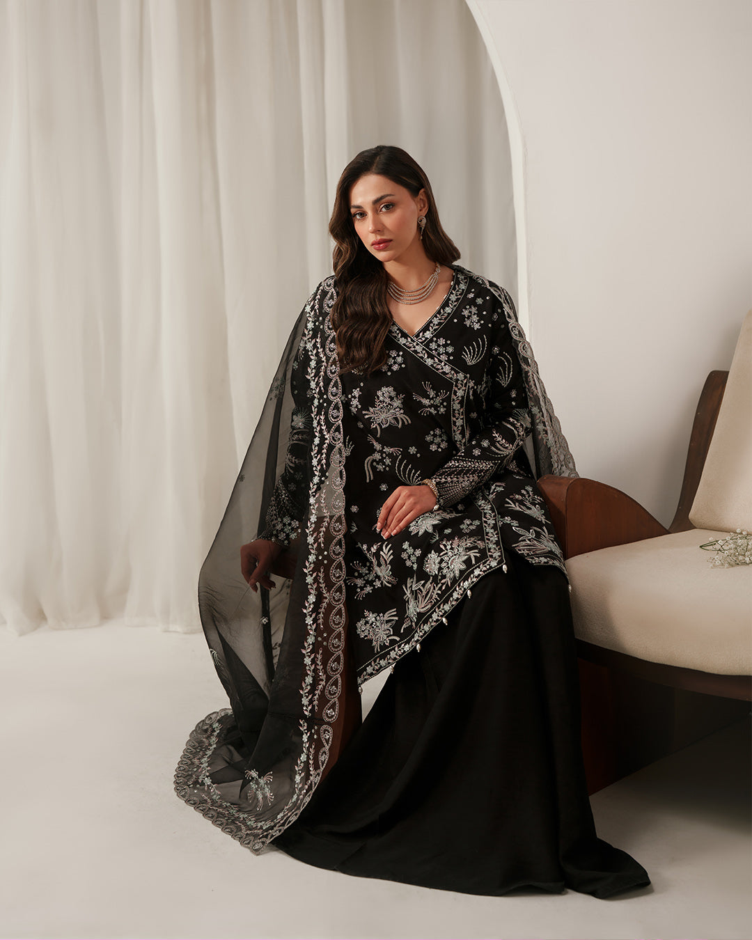 Midnight Noir: Angrakha-Style Embroidered Luxury Silk Ensemble