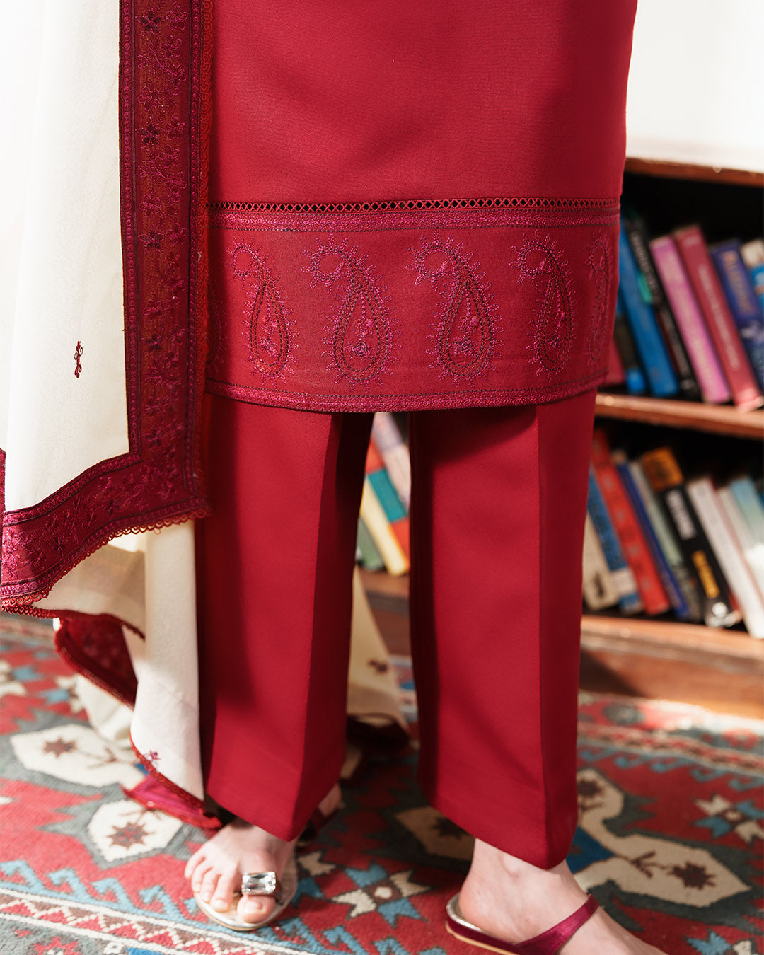 Crimson Serenade: Intricate Paisley Embroidered Winter Ensemble
