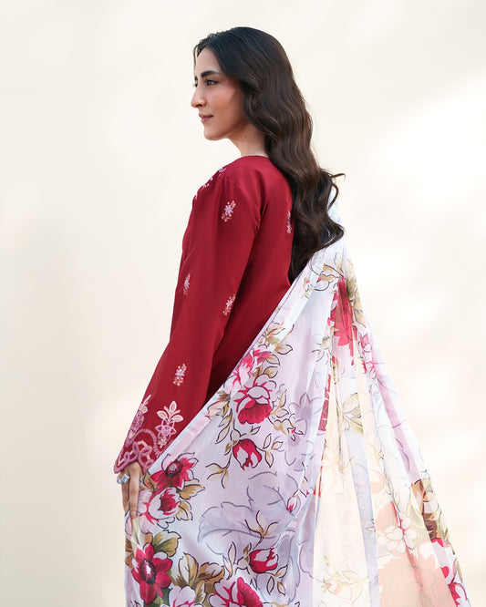 Crimson Bloom Embroidered Lawn 3-Piece