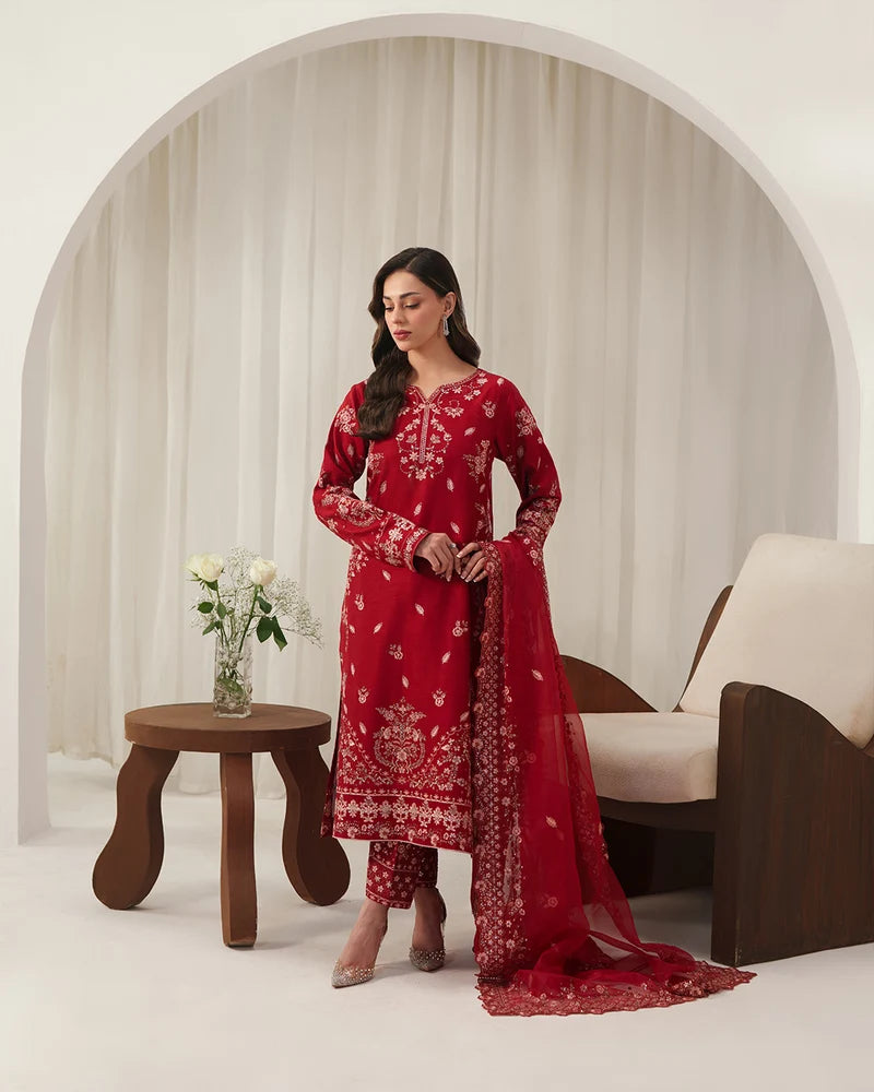 Crimson Majesty: All-Over Embroidered Festive Silk Ensemble