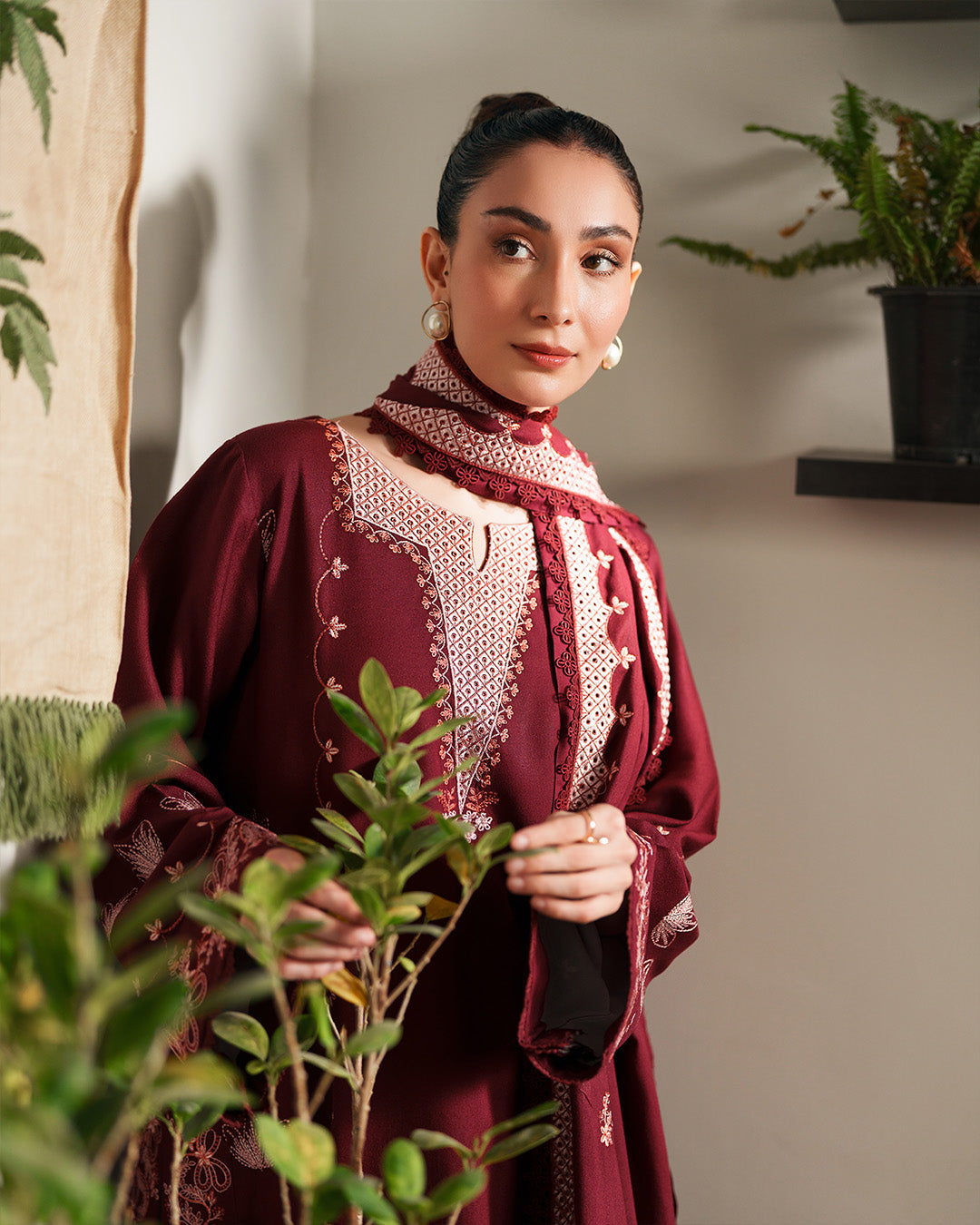 Ghazal: Deep Maroon Embroidered Winter Ensemble with Coordinated Shawl