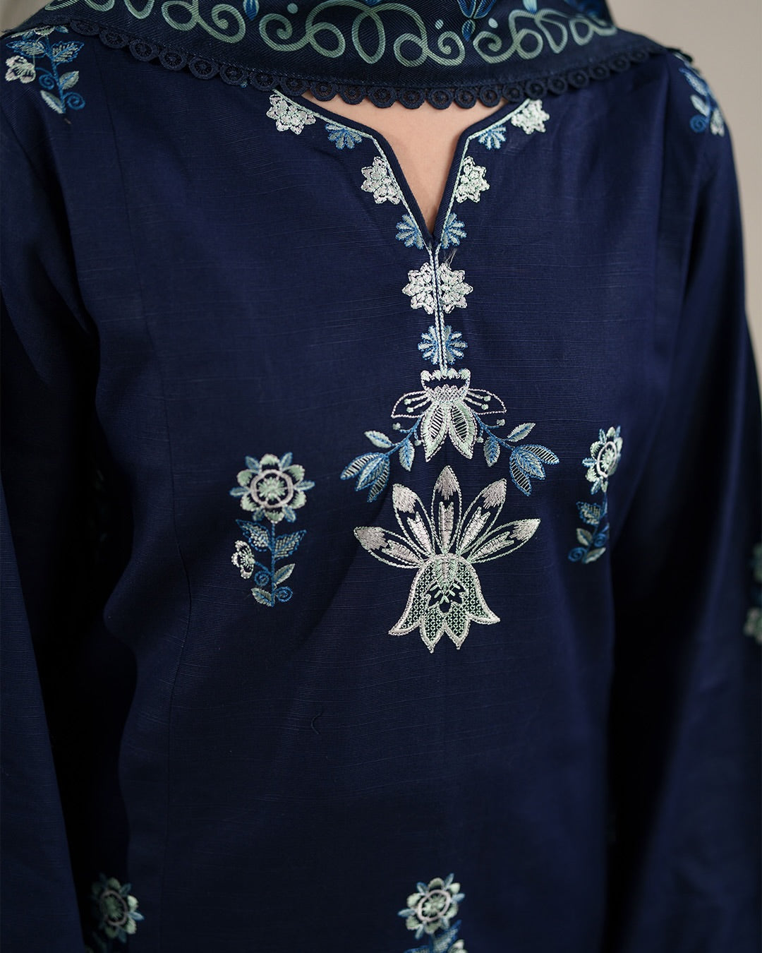 Saya: Winter Serenity Deep Blue Embroidered Khaddar Ensemble