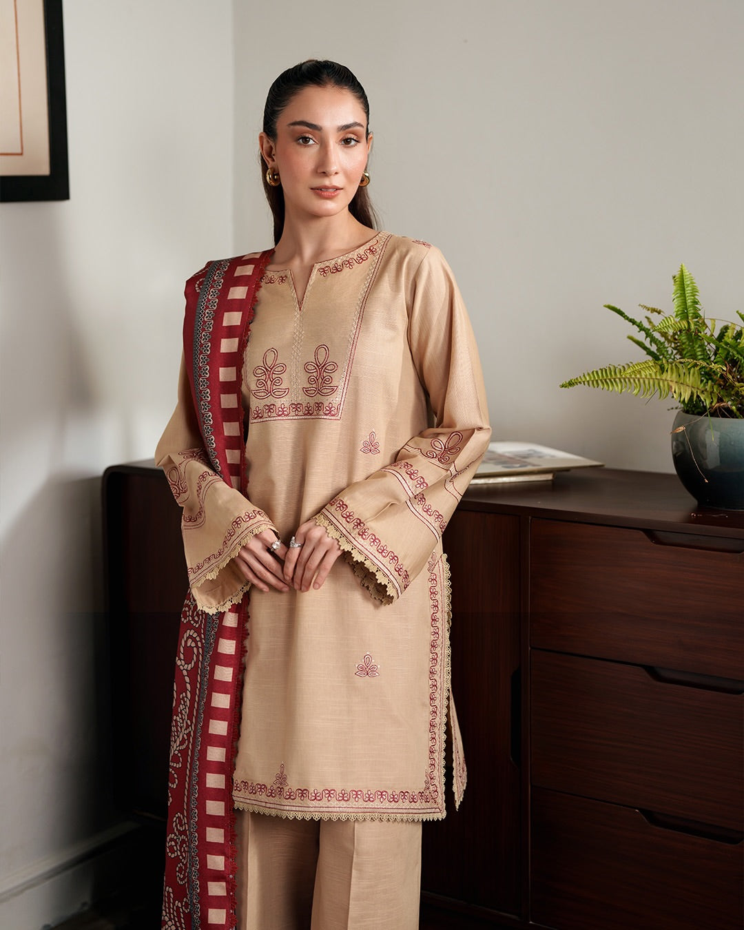 Shehwar: Warm Nude Embroidered Khaddar Festive Ensemble