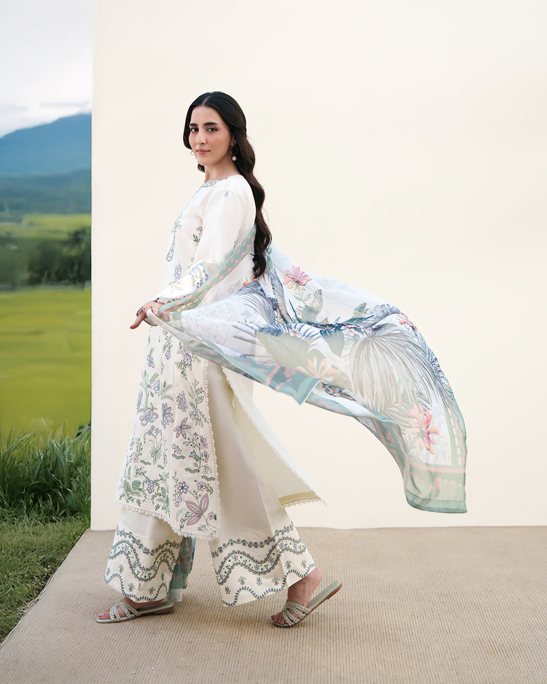 Ivory Grace: Delicate Pastel Embroidered Ensemble with Printed Chiffon Dupatta