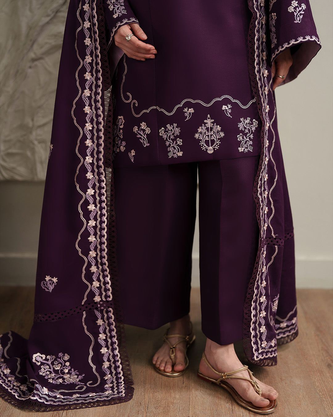 Crimson Serenade: Intricate Paisley Embroidered Winter Ensemble