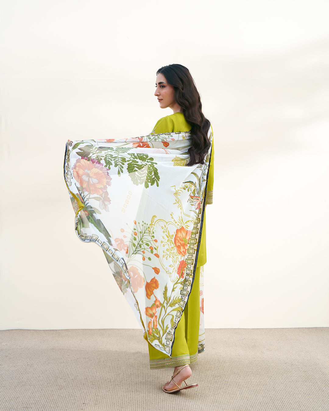 Lime Zest: Ivory Embroidered Ensemble with Printed Floral Dupatta
