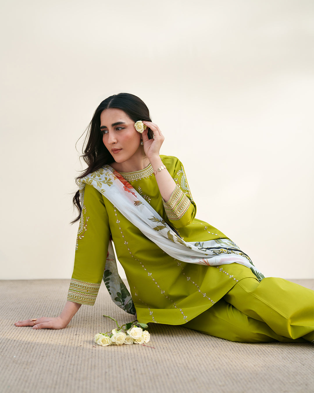 Lime Zest: Ivory Embroidered Ensemble with Printed Floral Dupatta