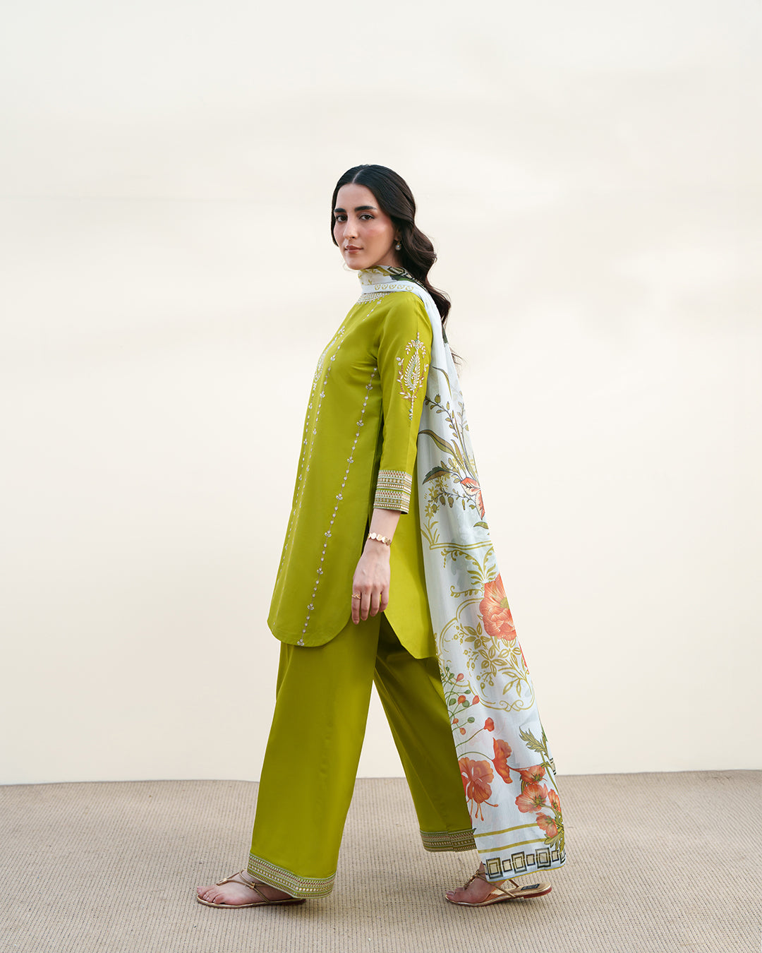 Lime Zest: Ivory Embroidered Ensemble with Printed Floral Dupatta