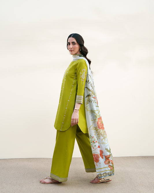 Lime Zest: Ivory Embroidered Ensemble with Printed Floral Dupatta
