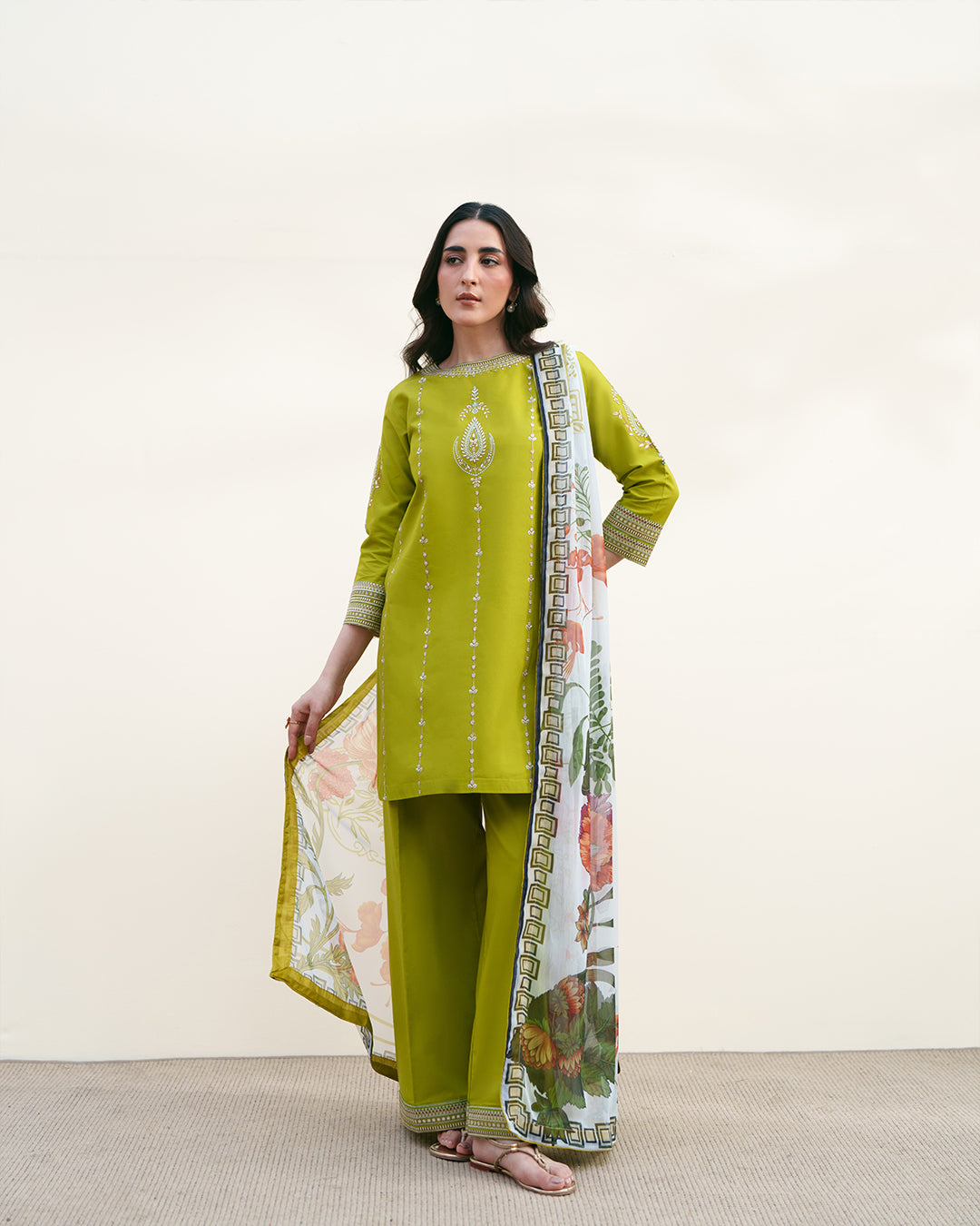 Lime Zest: Ivory Embroidered Ensemble with Printed Floral Dupatta