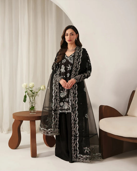 Midnight Noir: Angrakha-Style Embroidered Luxury Silk Ensemble