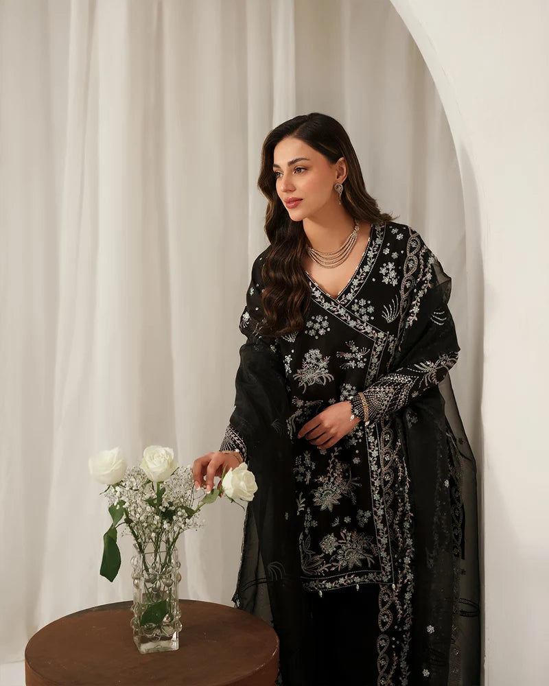 Midnight Noir: Angrakha-Style Embroidered Luxury Silk Ensemble