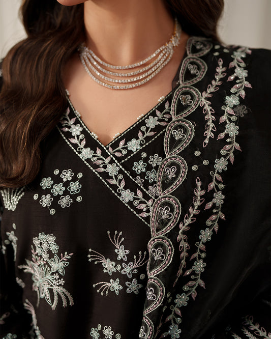 Midnight Noir: Angrakha-Style Embroidered Luxury Silk Ensemble