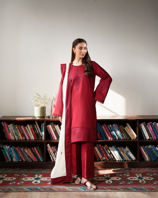 Crimson Serenade: Intricate Paisley Embroidered Winter Ensemble
