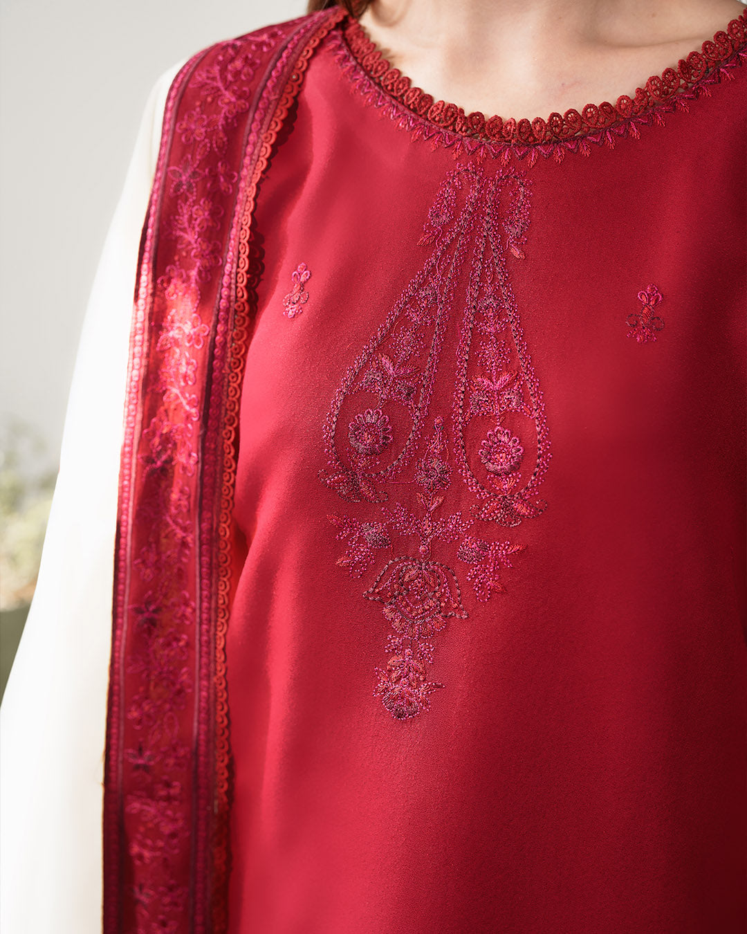 Crimson Serenade: Intricate Paisley Embroidered Winter Ensemble