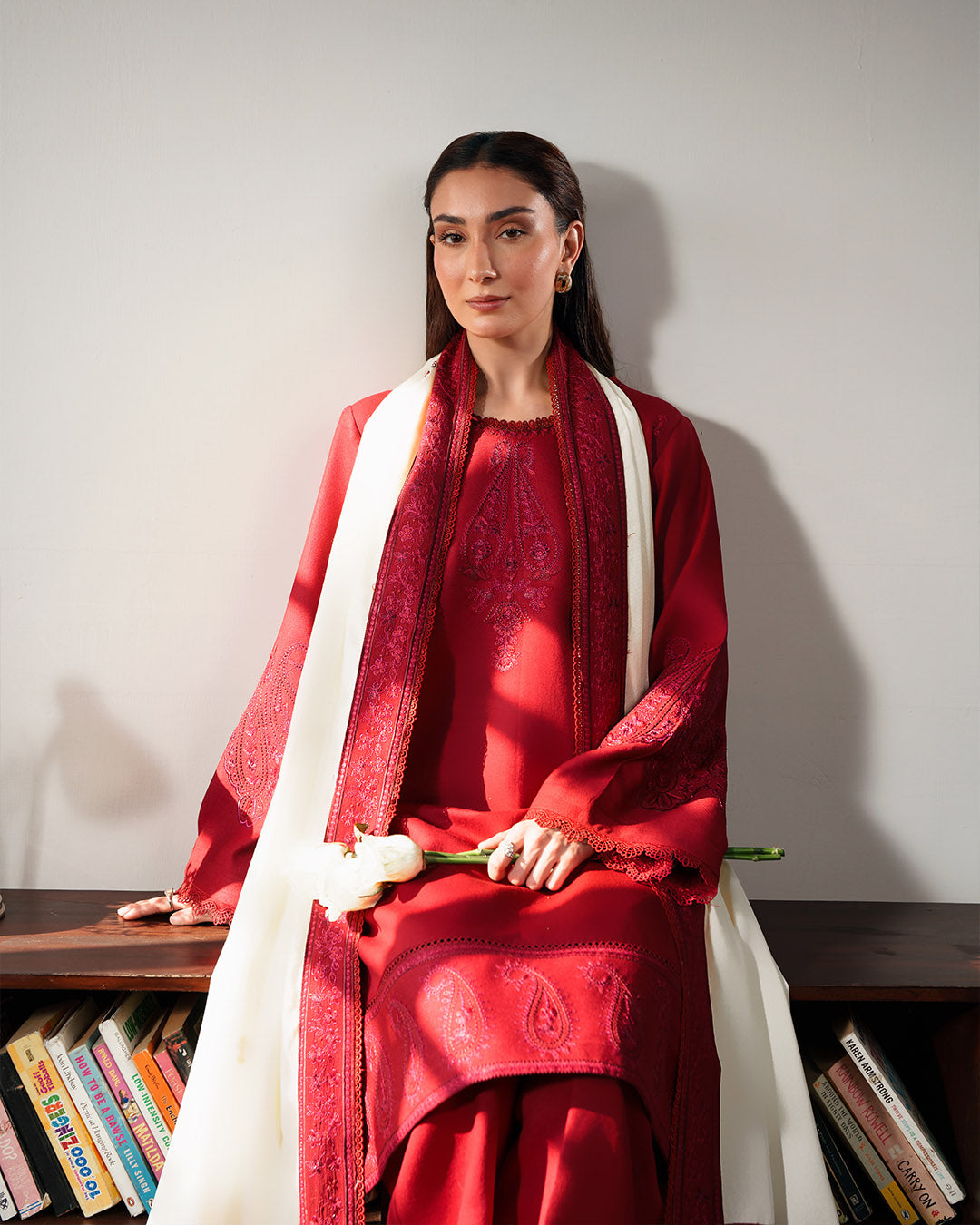 Crimson Serenade: Intricate Paisley Embroidered Winter Ensemble