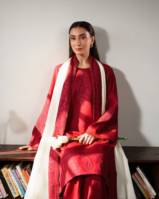 Crimson Serenade: Intricate Paisley Embroidered Winter Ensemble