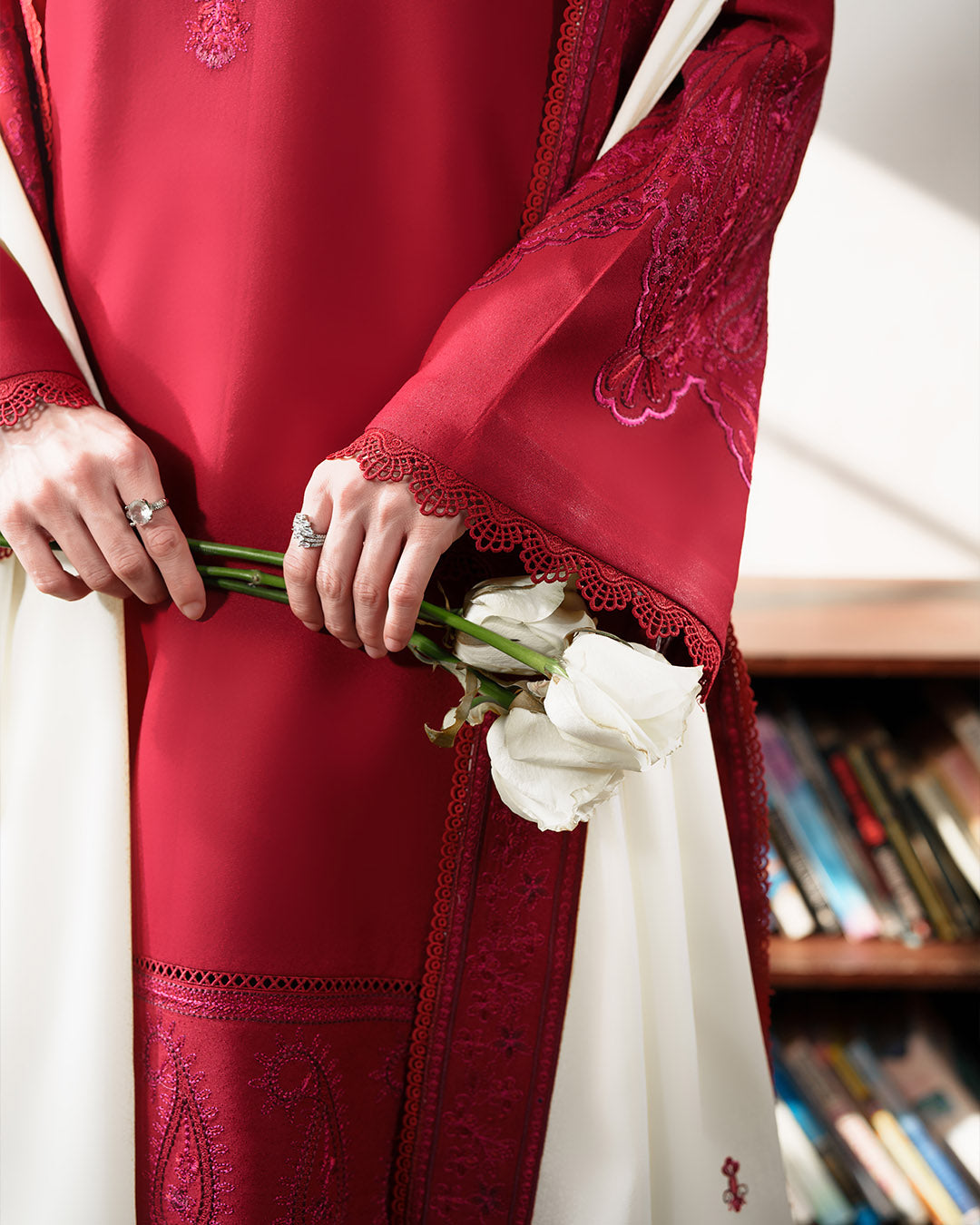 Crimson Serenade: Intricate Paisley Embroidered Winter Ensemble
