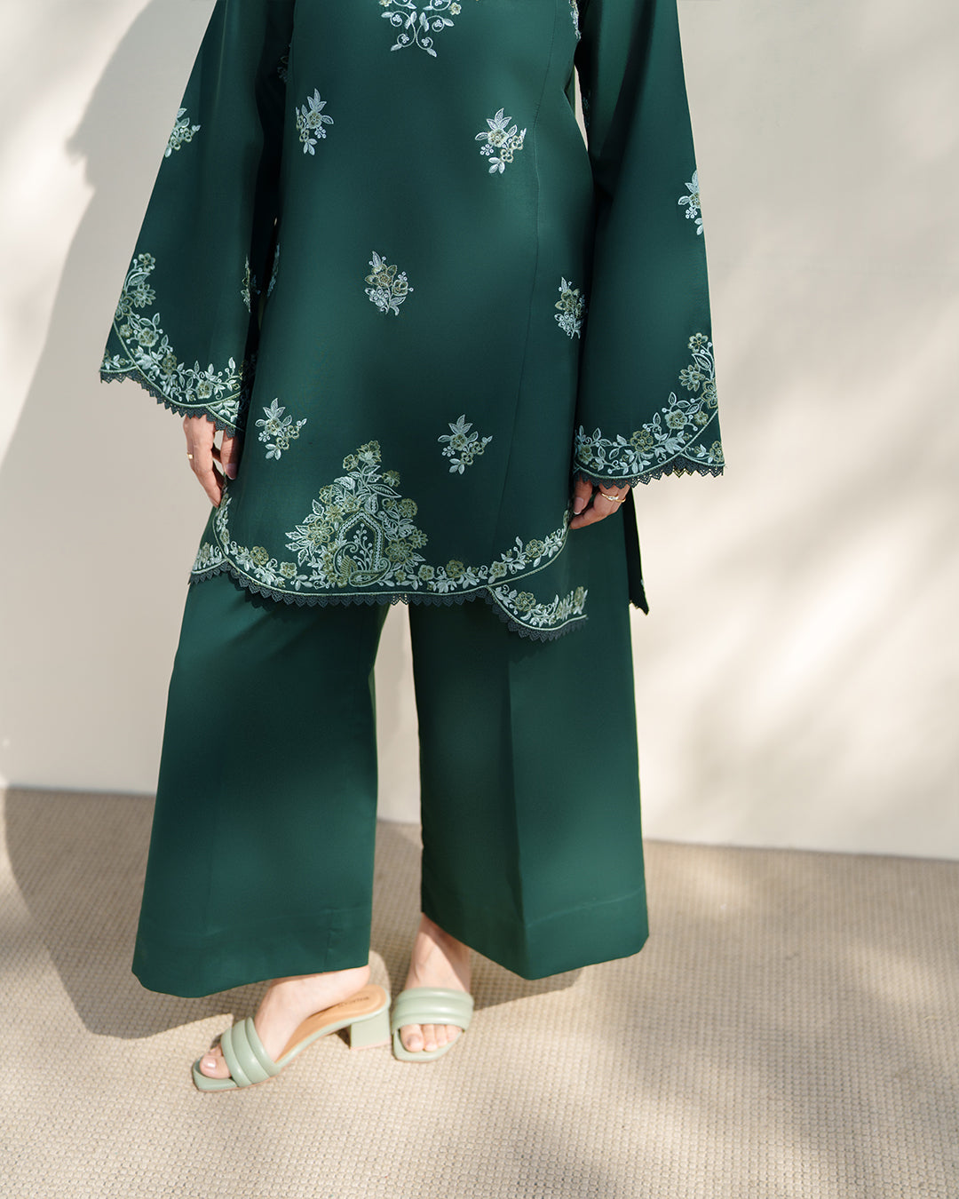 Ethereal Emerald: Deep Green Embroidered Ensemble with Printed Organza Dupatta