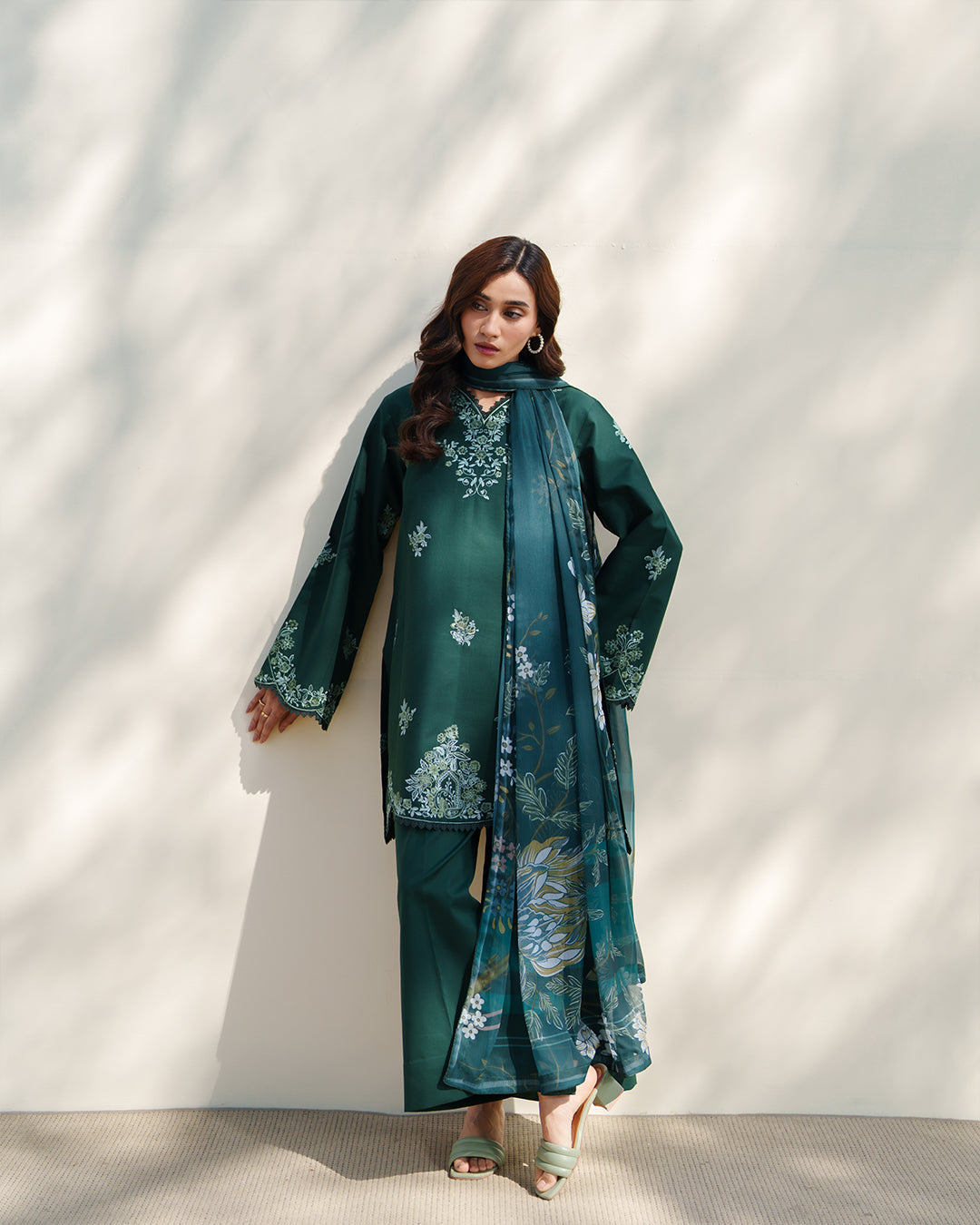 Ethereal Emerald: Deep Green Embroidered Ensemble with Printed Organza Dupatta