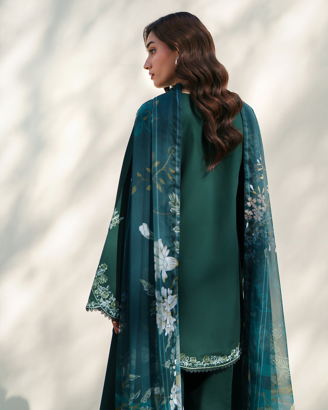 Ethereal Emerald: Deep Green Embroidered Ensemble with Printed Organza Dupatta