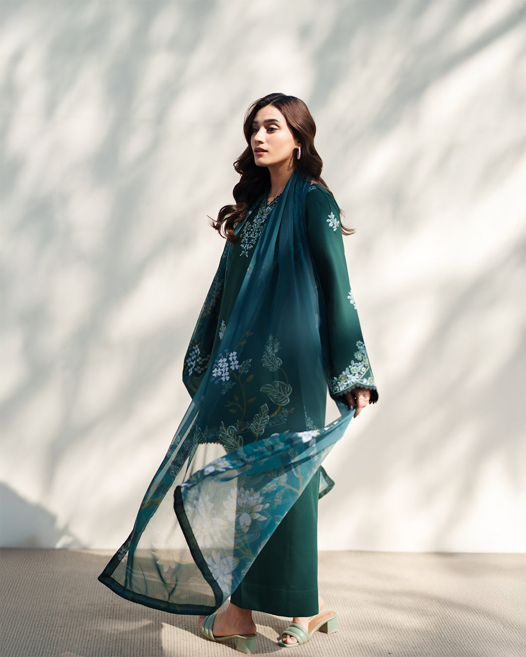 Ethereal Emerald: Deep Green Embroidered Ensemble with Printed Organza Dupatta
