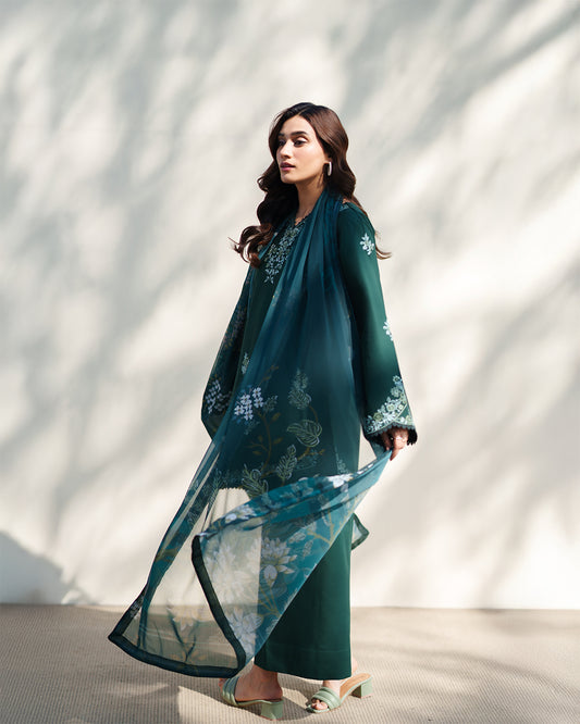 Ethereal Emerald: Deep Green Embroidered Ensemble with Printed Organza Dupatta