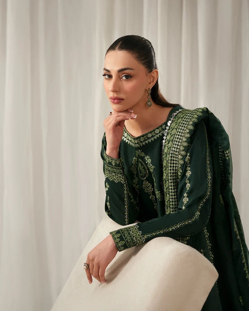 Emerald Isle: Luxury Embroidered Silk Ensemble with Festive Organza Dupatta