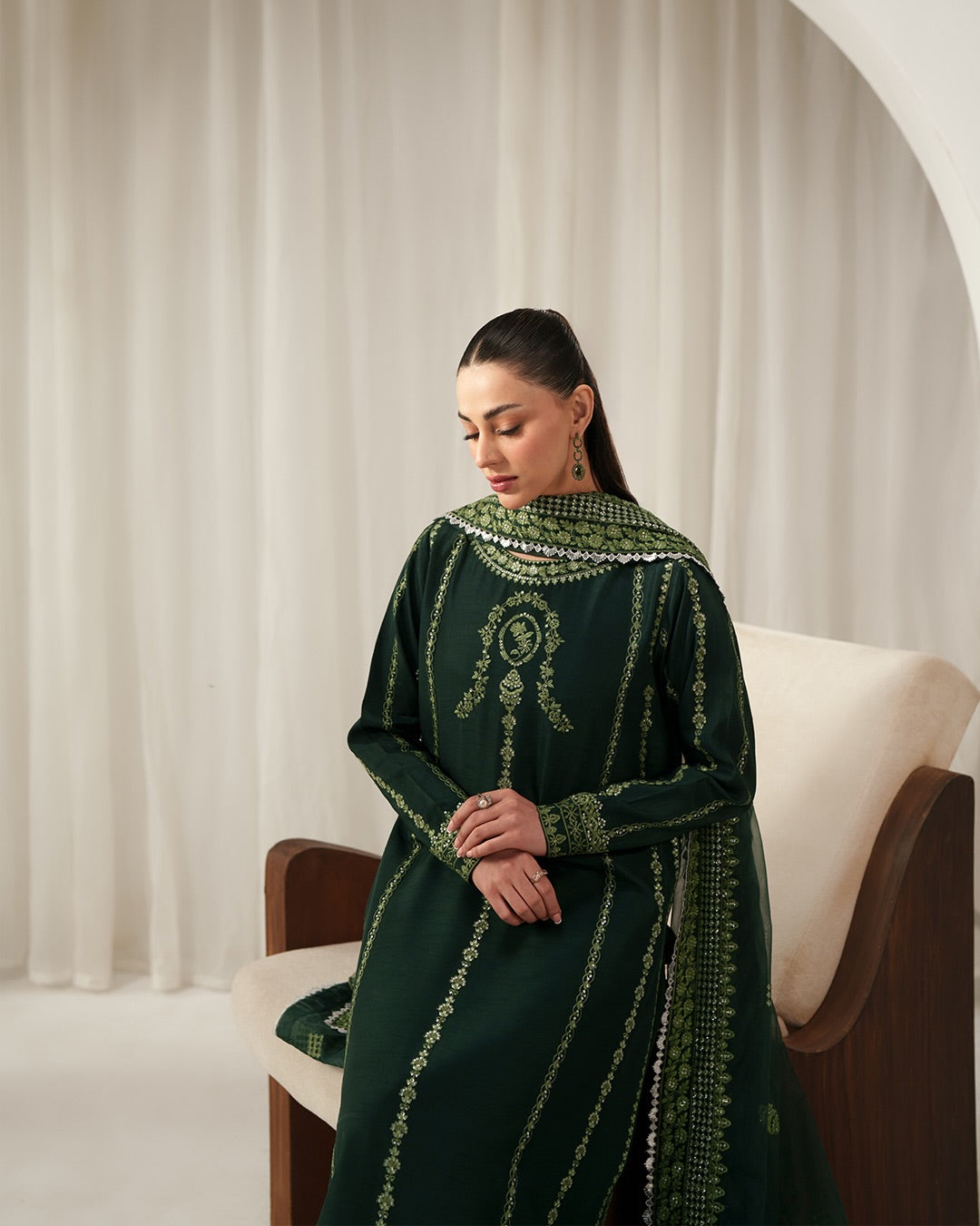 Emerald Isle: Luxury Embroidered Silk Ensemble with Festive Organza Dupatta