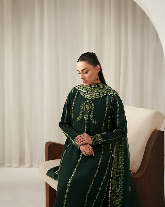 Emerald Isle: Luxury Embroidered Silk Ensemble with Festive Organza Dupatta