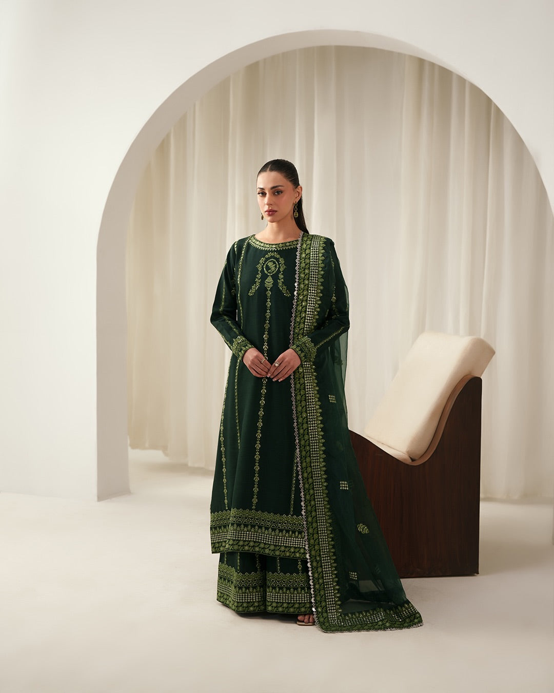 Emerald Isle: Luxury Embroidered Silk Ensemble with Festive Organza Dupatta