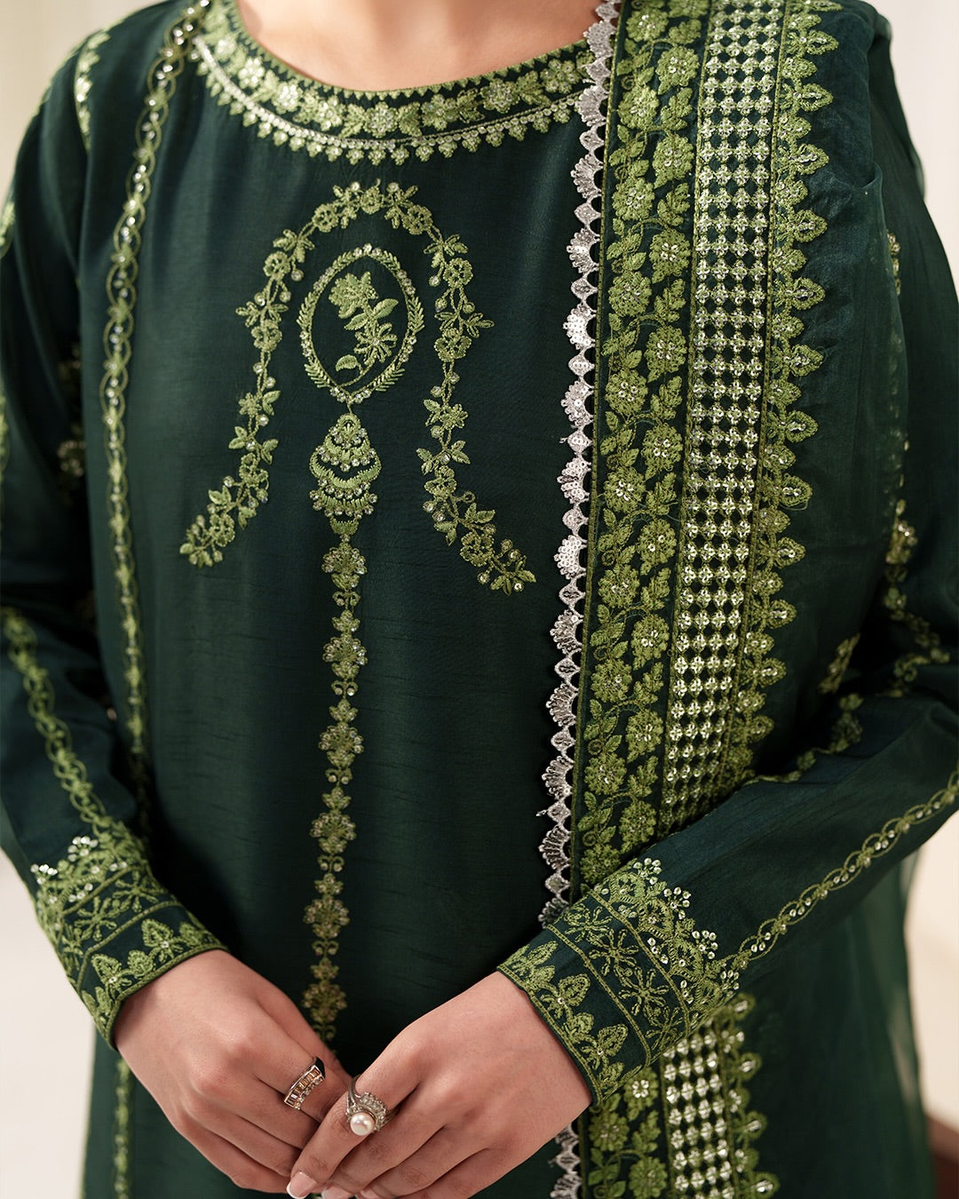 Emerald Isle: Luxury Embroidered Silk Ensemble with Festive Organza Dupatta