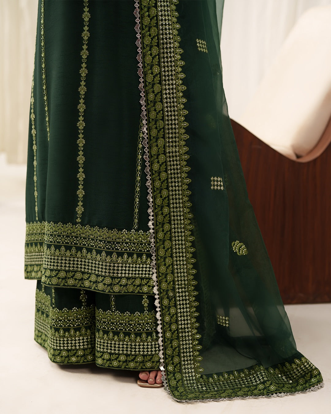 Emerald Isle: Luxury Embroidered Silk Ensemble with Festive Organza Dupatta