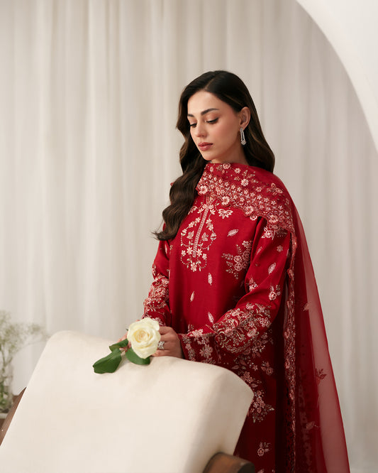 Crimson Majesty: All-Over Embroidered Festive Silk Ensemble