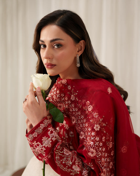 Crimson Majesty: All-Over Embroidered Festive Silk Ensemble
