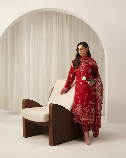 Crimson Majesty: All-Over Embroidered Festive Silk Ensemble
