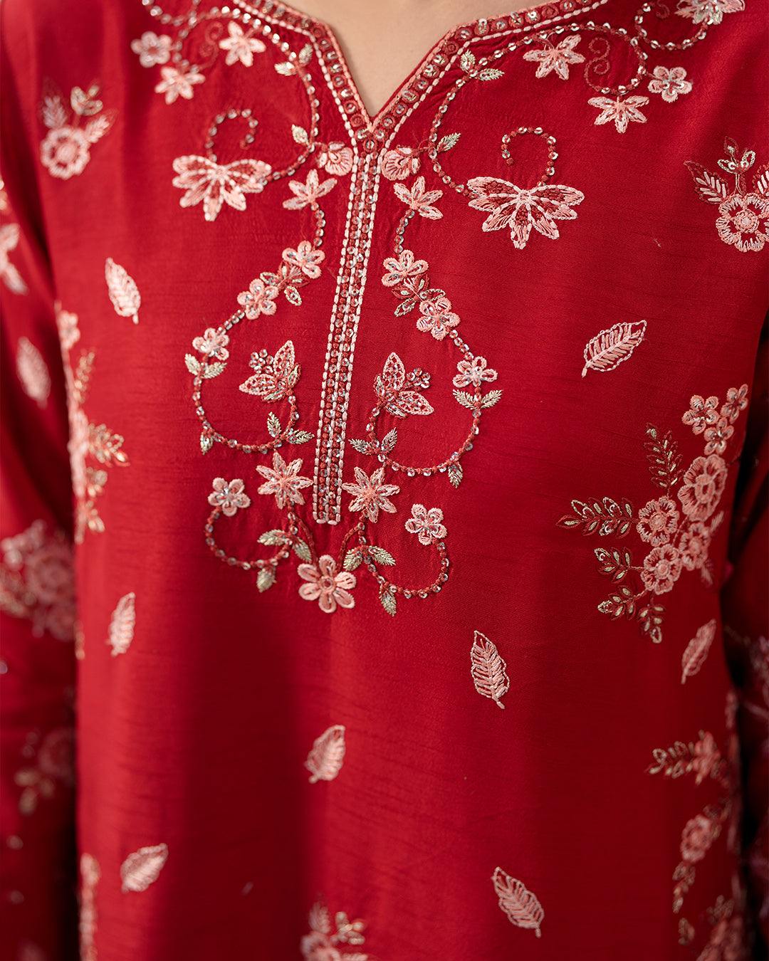 Crimson Majesty: All-Over Embroidered Festive Silk Ensemble
