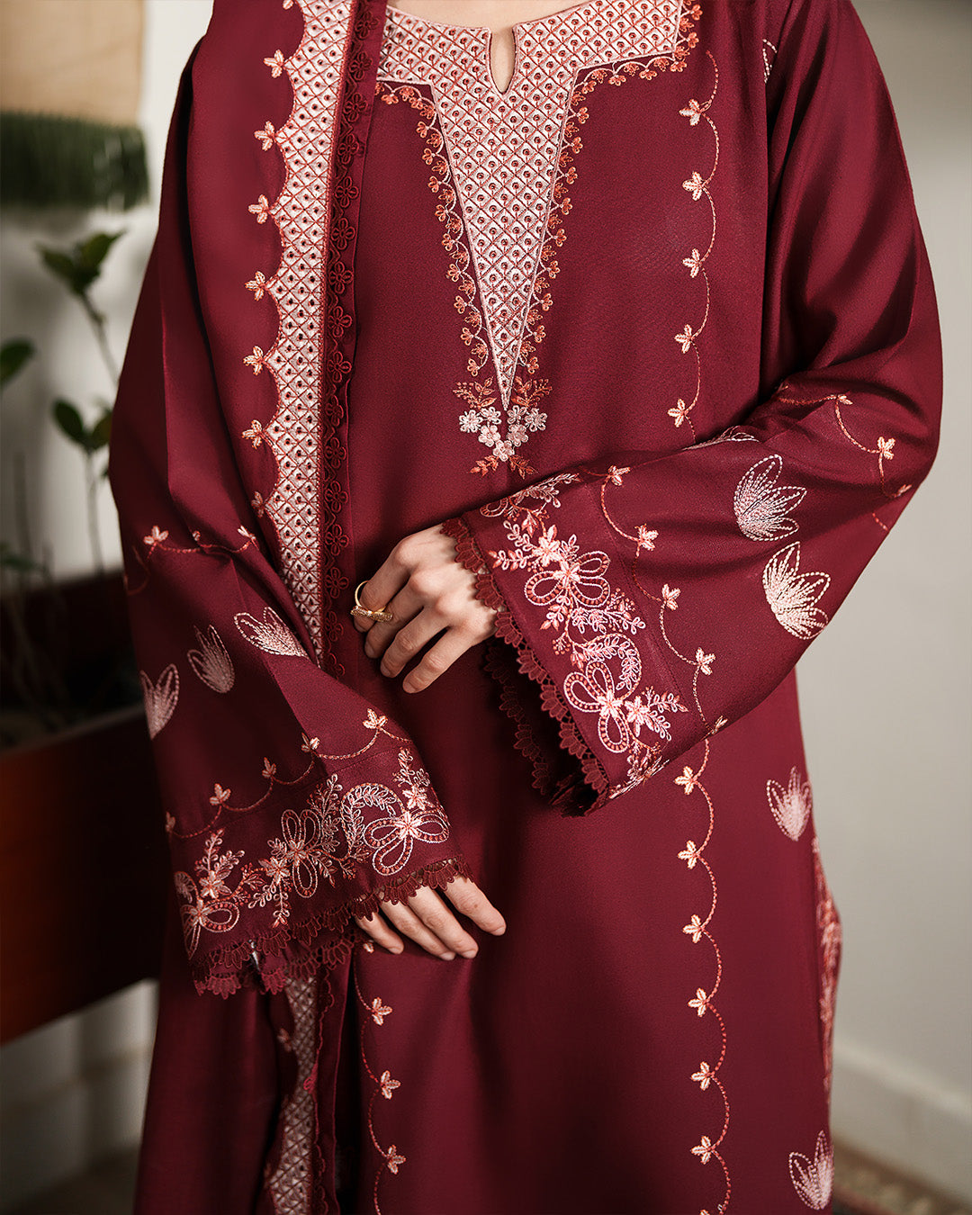 Ghazal: Deep Maroon Embroidered Winter Ensemble with Coordinated Shawl