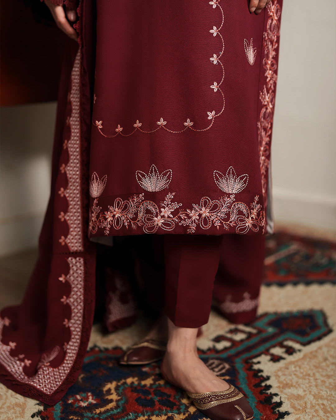 Ghazal: Deep Maroon Embroidered Winter Ensemble with Coordinated Shawl