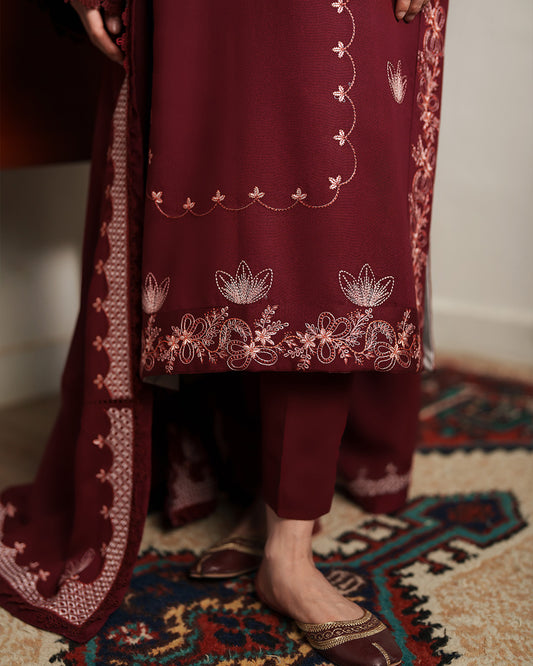 Ghazal: Deep Maroon Embroidered Winter Ensemble with Coordinated Shawl