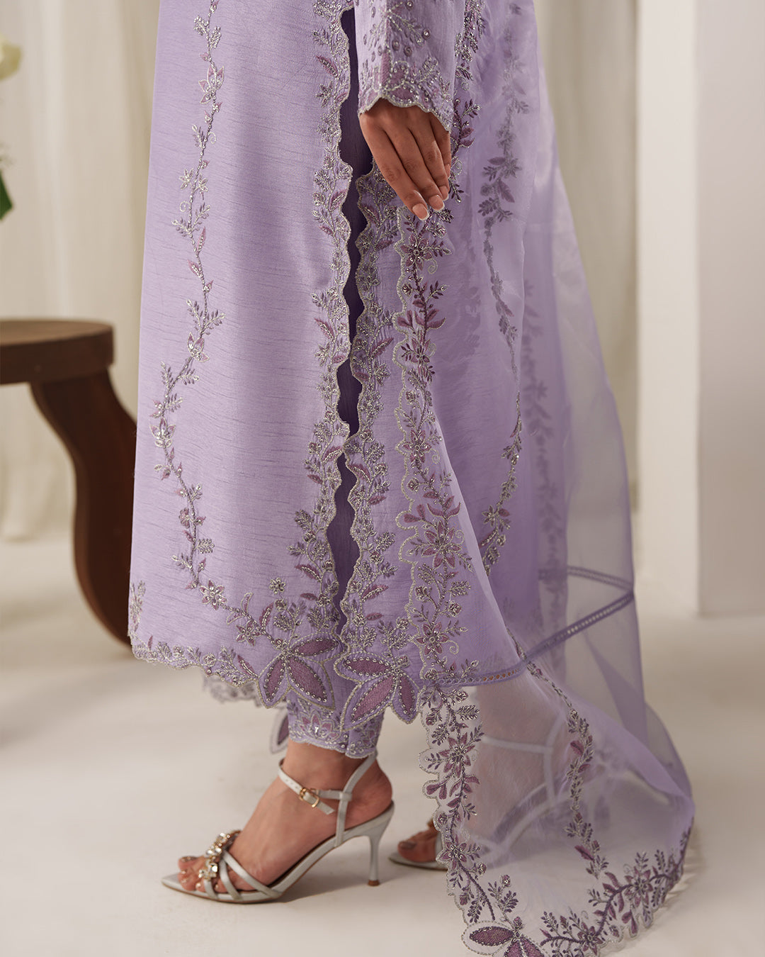 Lavender Mist: Luxury Embroidered Silk Ensemble with Scalloped Organza Dupatta