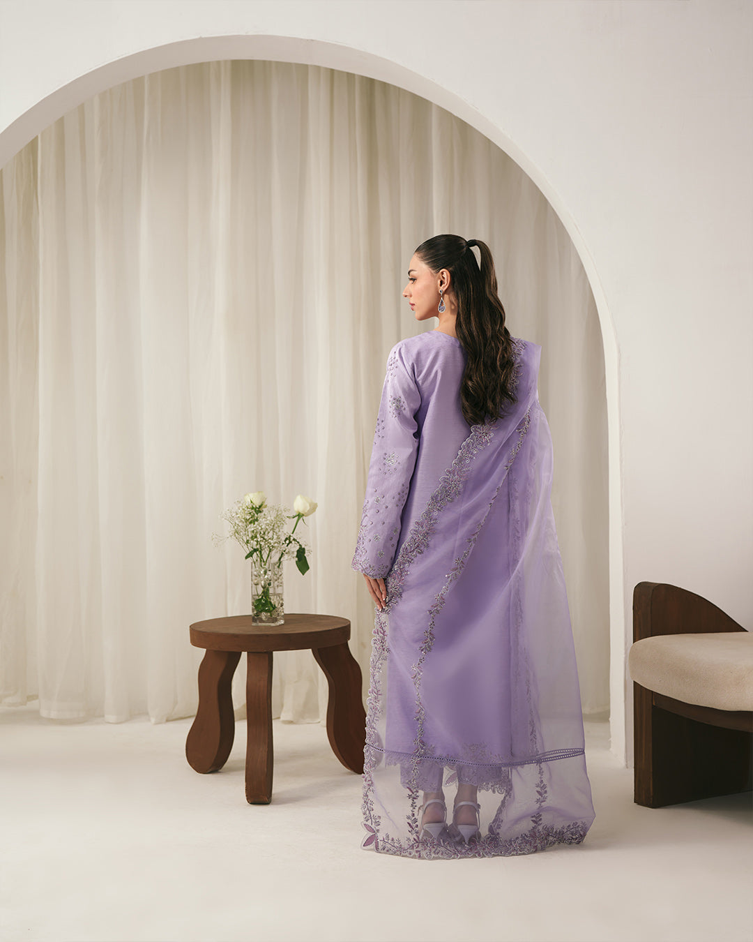 Lavender Mist: Luxury Embroidered Silk Ensemble with Scalloped Organza Dupatta