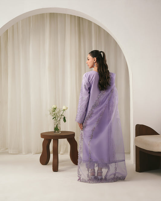 Lavender Mist: Luxury Embroidered Silk Ensemble with Scalloped Organza Dupatta