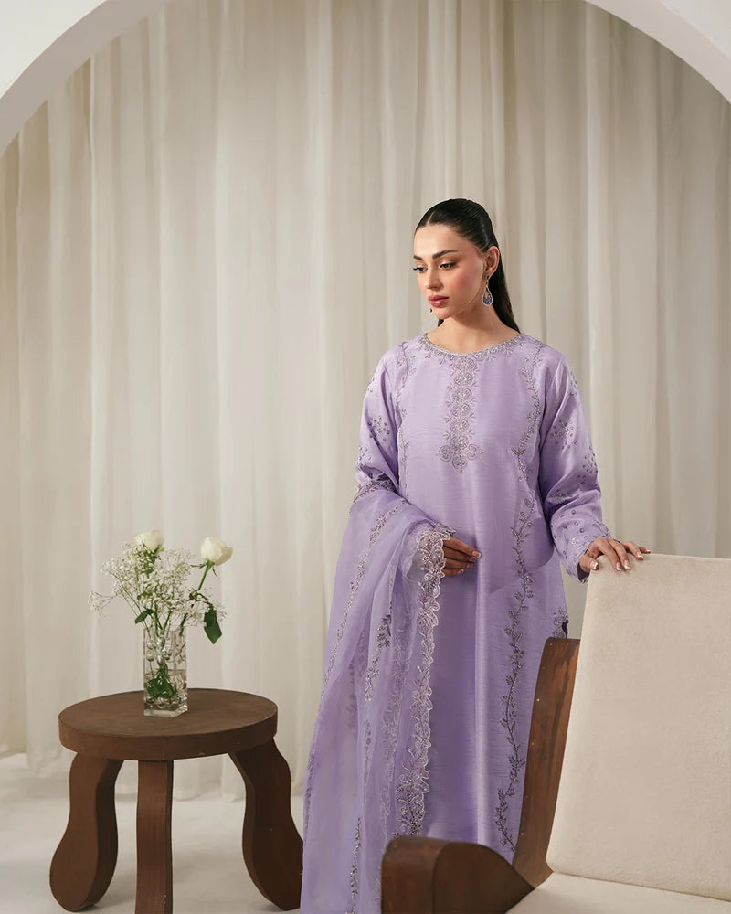 Lavender Mist: Luxury Embroidered Silk Ensemble with Scalloped Organza Dupatta