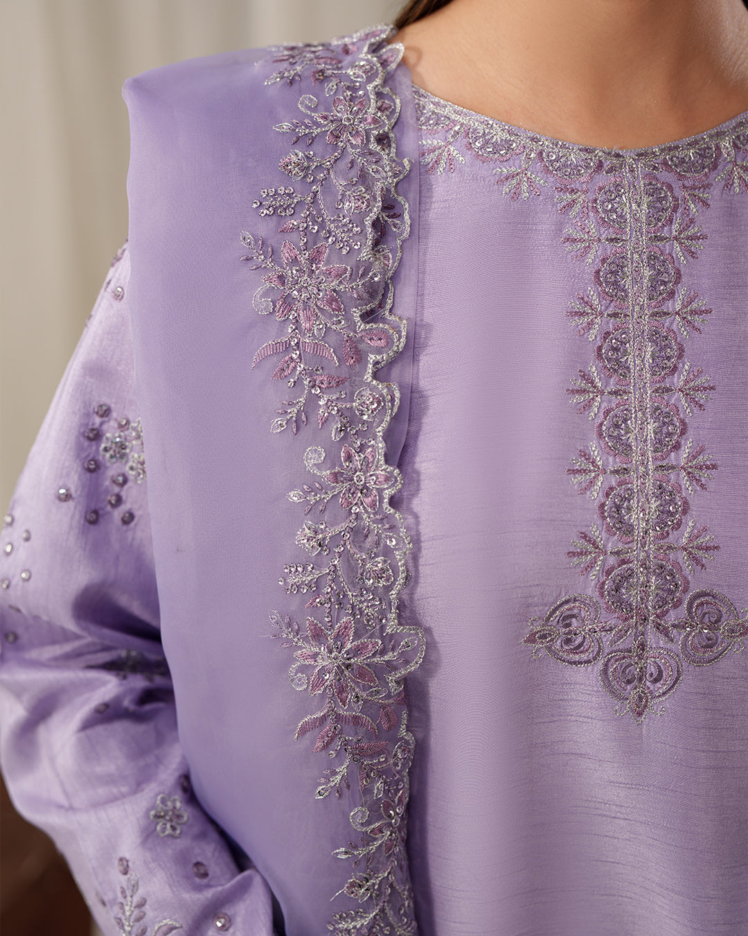 Lavender Mist: Luxury Embroidered Silk Ensemble with Scalloped Organza Dupatta