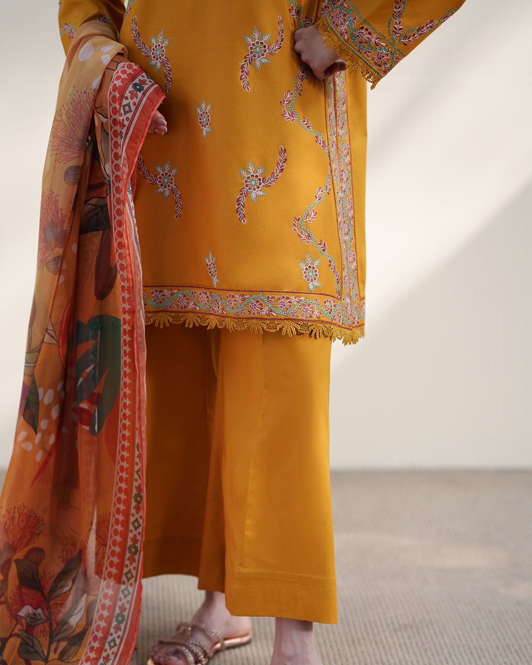 Mustard Bloom: Embroidered Festive Ensemble with Printed Silk Dupatta