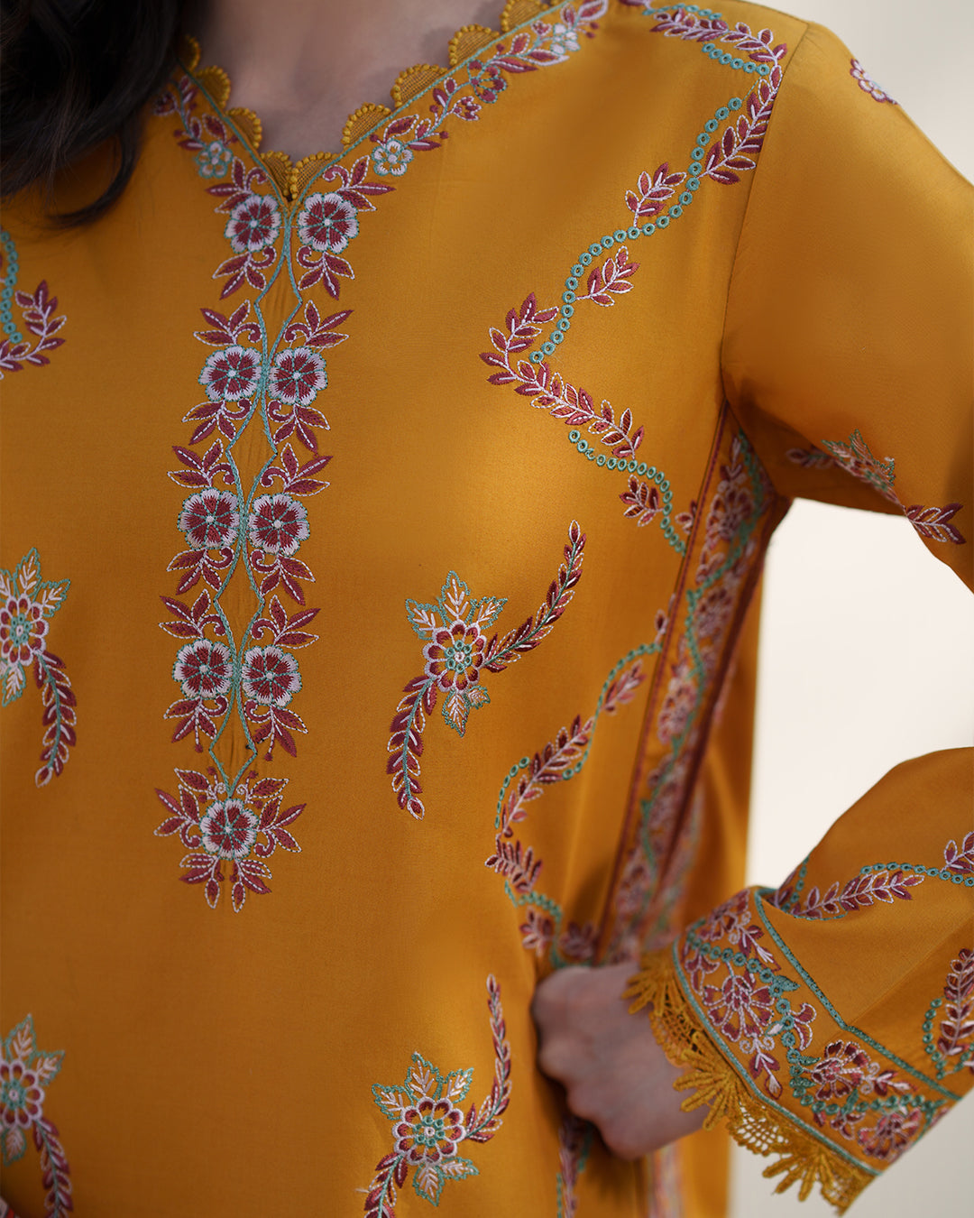 Mustard Bloom: Embroidered Festive Ensemble with Printed Silk Dupatta
