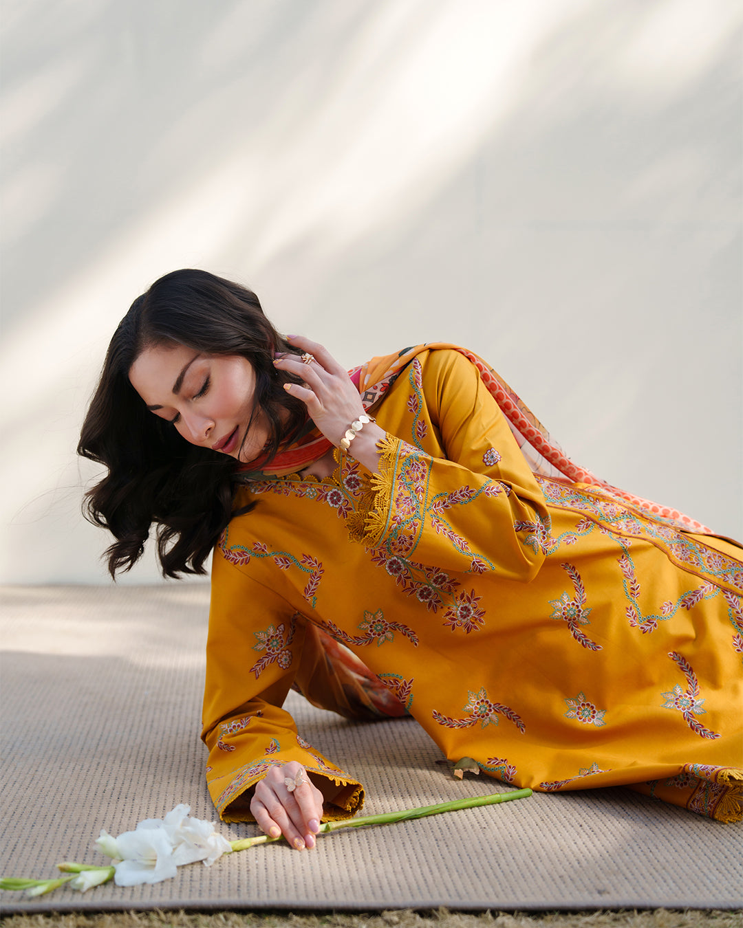 Mustard Bloom: Embroidered Festive Ensemble with Printed Silk Dupatta
