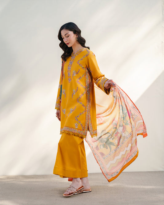 Mustard Bloom: Embroidered Festive Ensemble with Printed Silk Dupatta