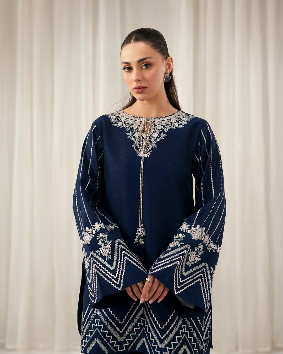 Midnight Sapphire: Intricate Pastel Embroidered Luxury Ensemble